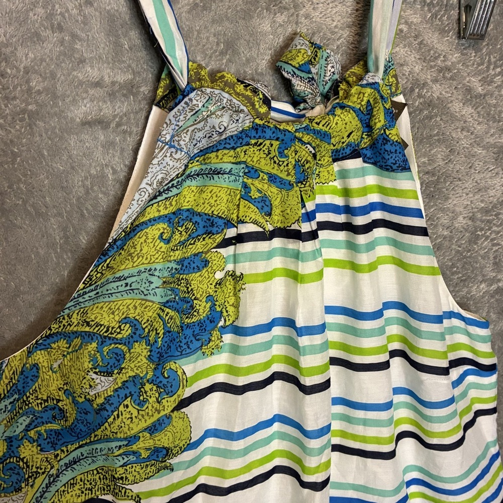 Tommy Bahama Womens Silk Blend Halter Top S Blue Green Striped Paisley Boho Art